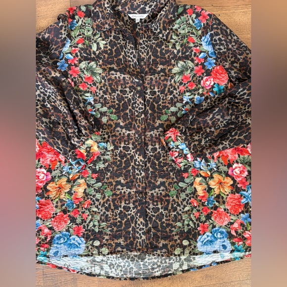 JOHN MARK Multicolor Animal Floral Button Tunic Blouse Rayón Nylon Long Sleeve - Picture 7 of 9